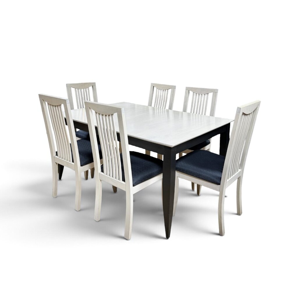 White Maple Dining Table With 2 Leaf Extensions and 6 Black Upholstered Chairs