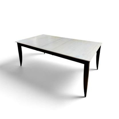 White Maple Dining Table With 2 Leaf Extensions and 6 Black Upholstered Chairs