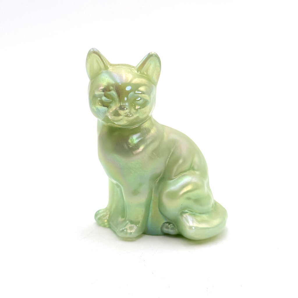 Fenton Opaque Green Iridescent Art Glass Cat Figurine