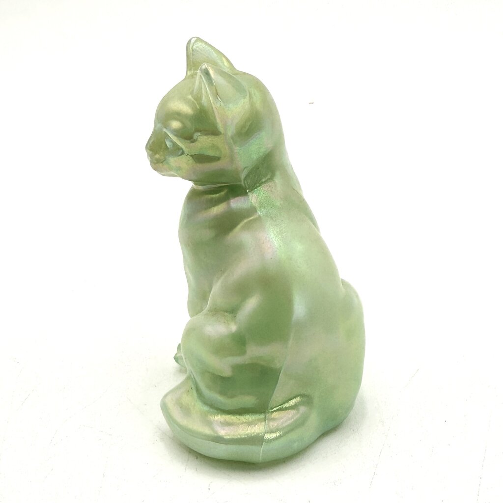 Fenton Opaque Green Iridescent Art Glass Cat Figurine