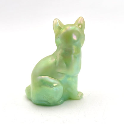 Fenton Opaque Green Iridescent Art Glass Cat Figurine