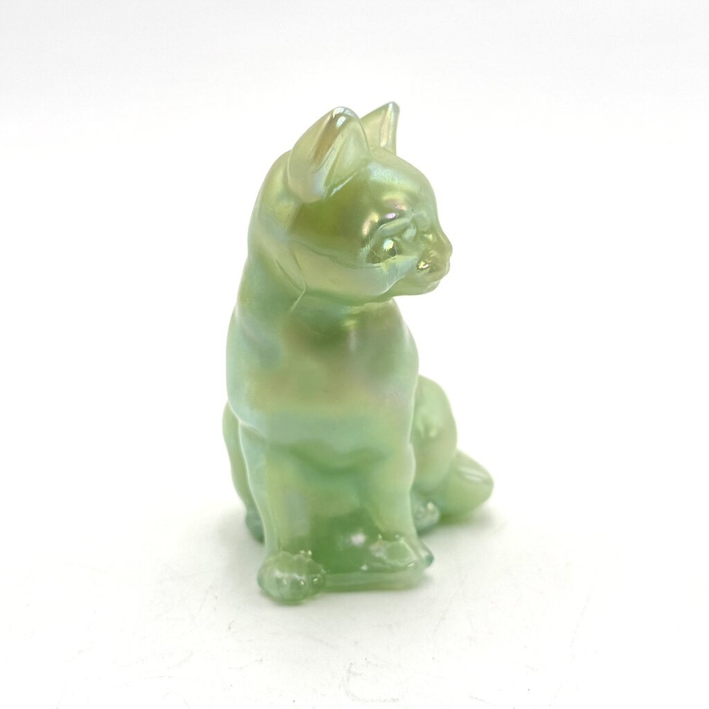 Fenton Opaque Green Iridescent Art Glass Cat Figurine