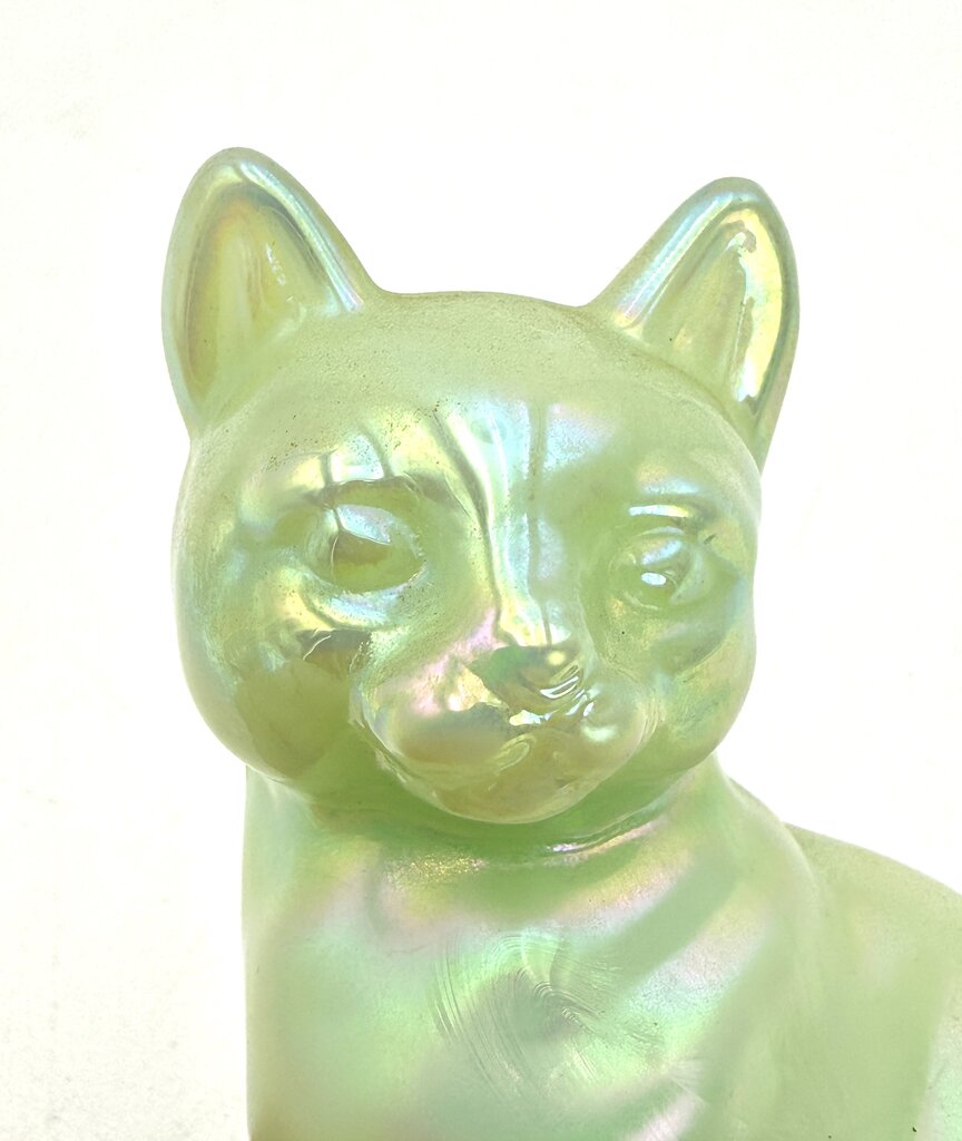 Fenton Opaque Green Iridescent Art Glass Cat Figurine
