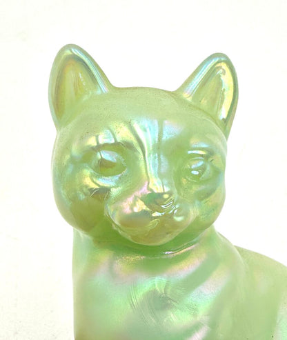 Fenton Opaque Green Iridescent Art Glass Cat Figurine