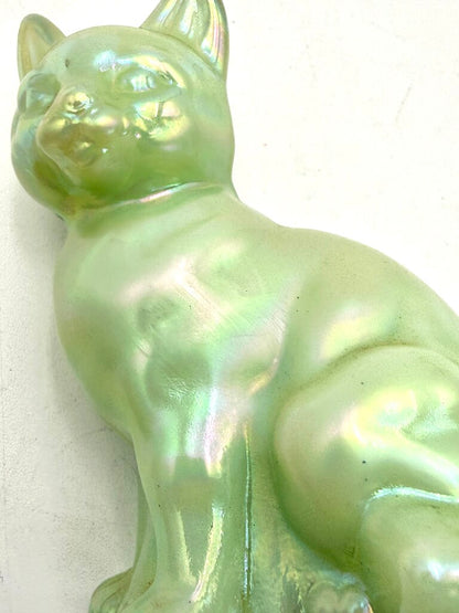 Fenton Opaque Green Iridescent Art Glass Cat Figurine