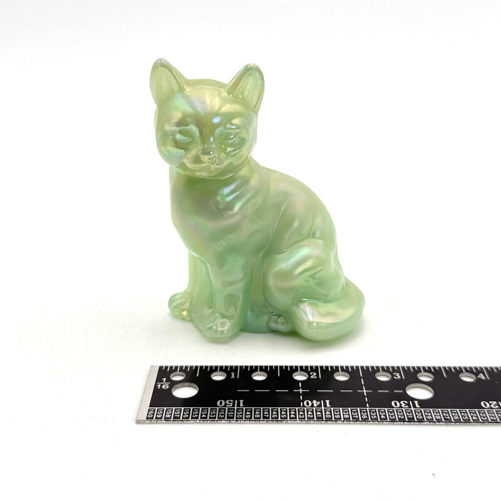 Fenton Opaque Green Iridescent Art Glass Cat Figurine