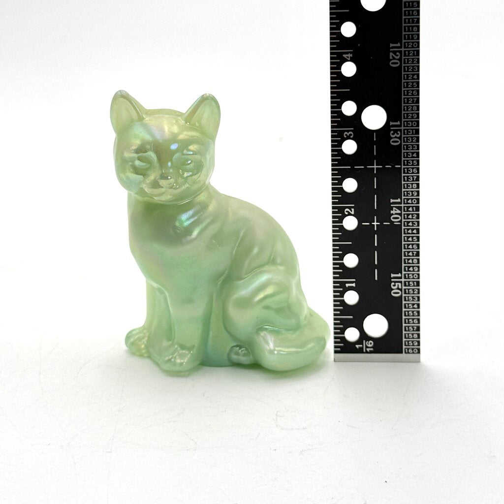 Fenton Opaque Green Iridescent Art Glass Cat Figurine