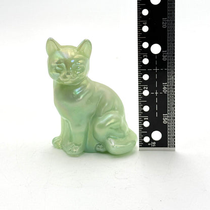Fenton Opaque Green Iridescent Art Glass Cat Figurine