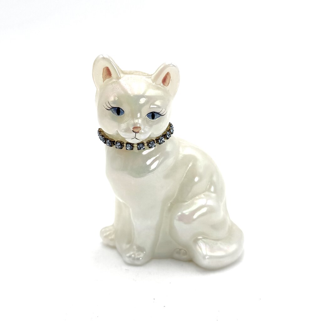 Fenton Hand Painted Opaque White Iridescent Art Glass Cat Figurine