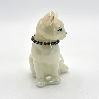 Fenton Hand Painted Opaque White Iridescent Art Glass Cat Figurine