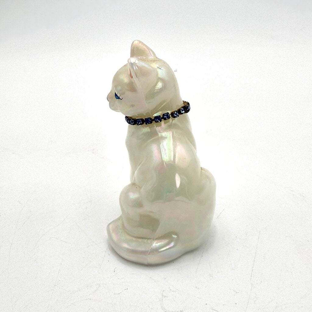 Fenton Hand Painted Opaque White Iridescent Art Glass Cat Figurine