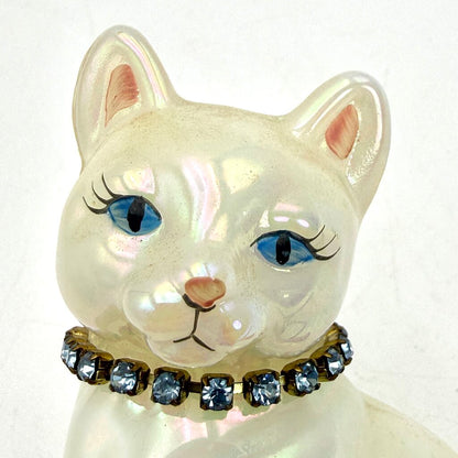 Fenton Hand Painted Opaque White Iridescent Art Glass Cat Figurine