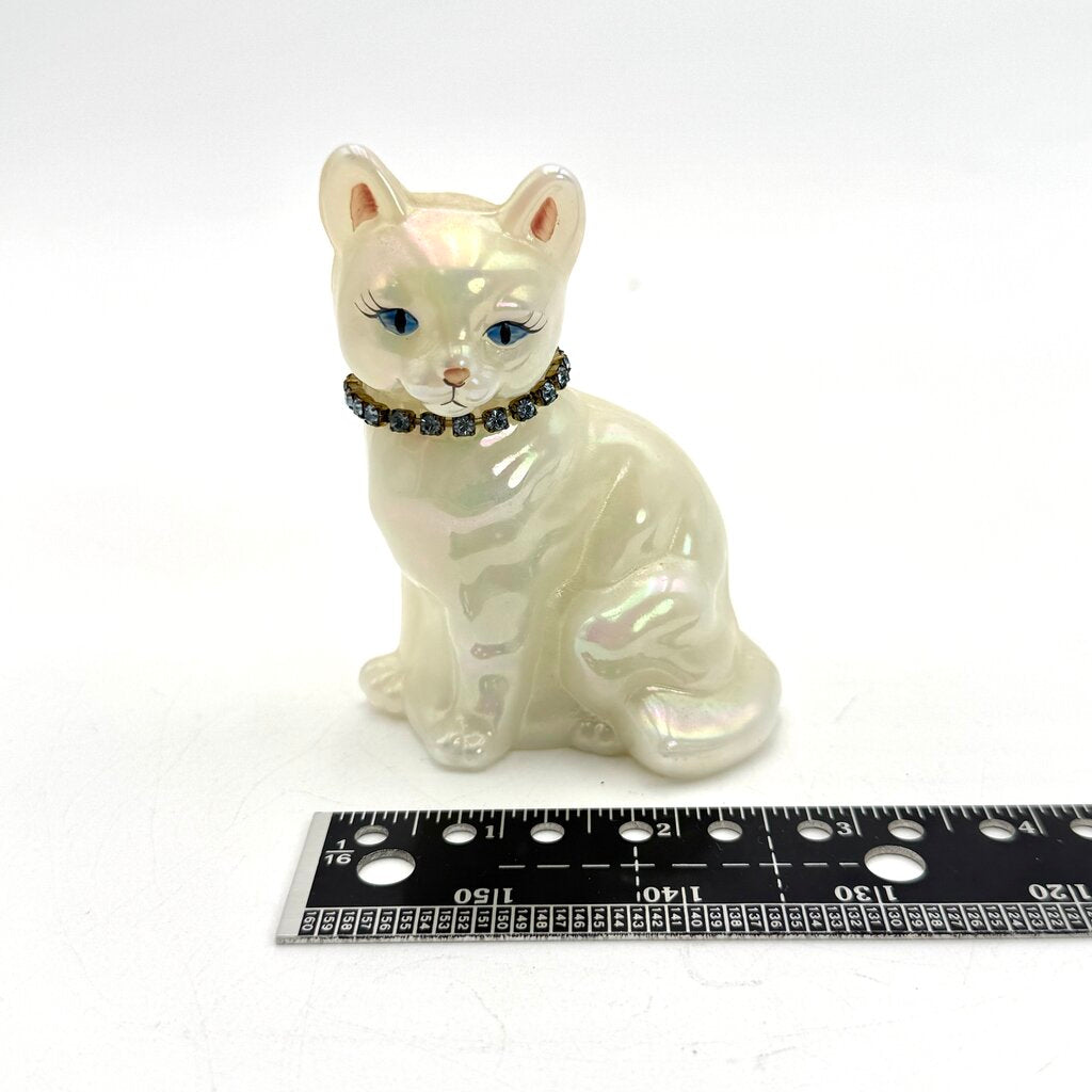 Fenton Hand Painted Opaque White Iridescent Art Glass Cat Figurine