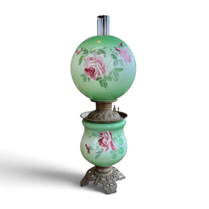 Antique Hand Painted Rose Floral Green & Pink Globe Glass Parlor Lamp