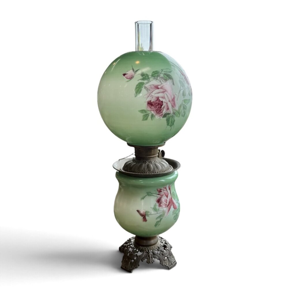 Antique Hand Painted Rose Floral Green & Pink Globe Glass Parlor Lamp