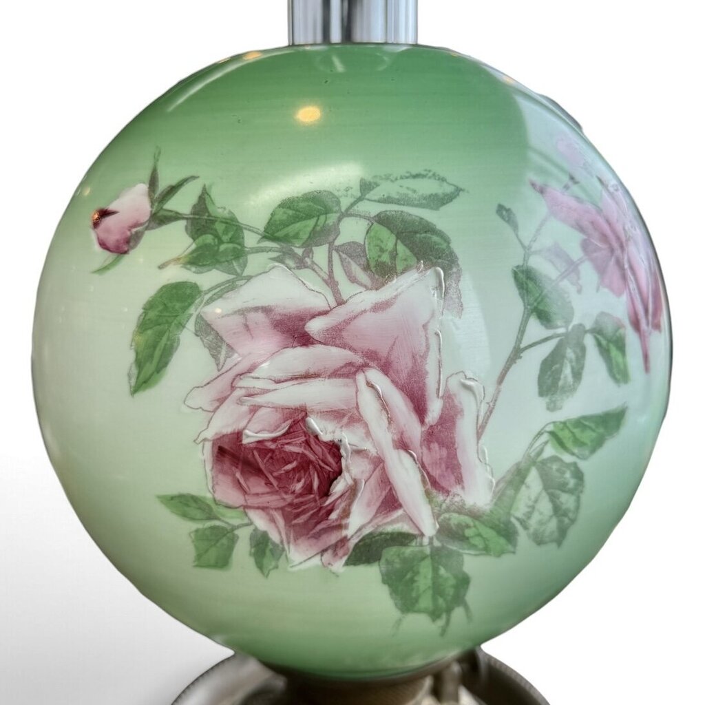 Antique Hand Painted Rose Floral Green & Pink Globe Glass Parlor Lamp
