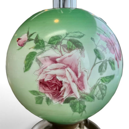 Antique Hand Painted Rose Floral Green & Pink Globe Glass Parlor Lamp
