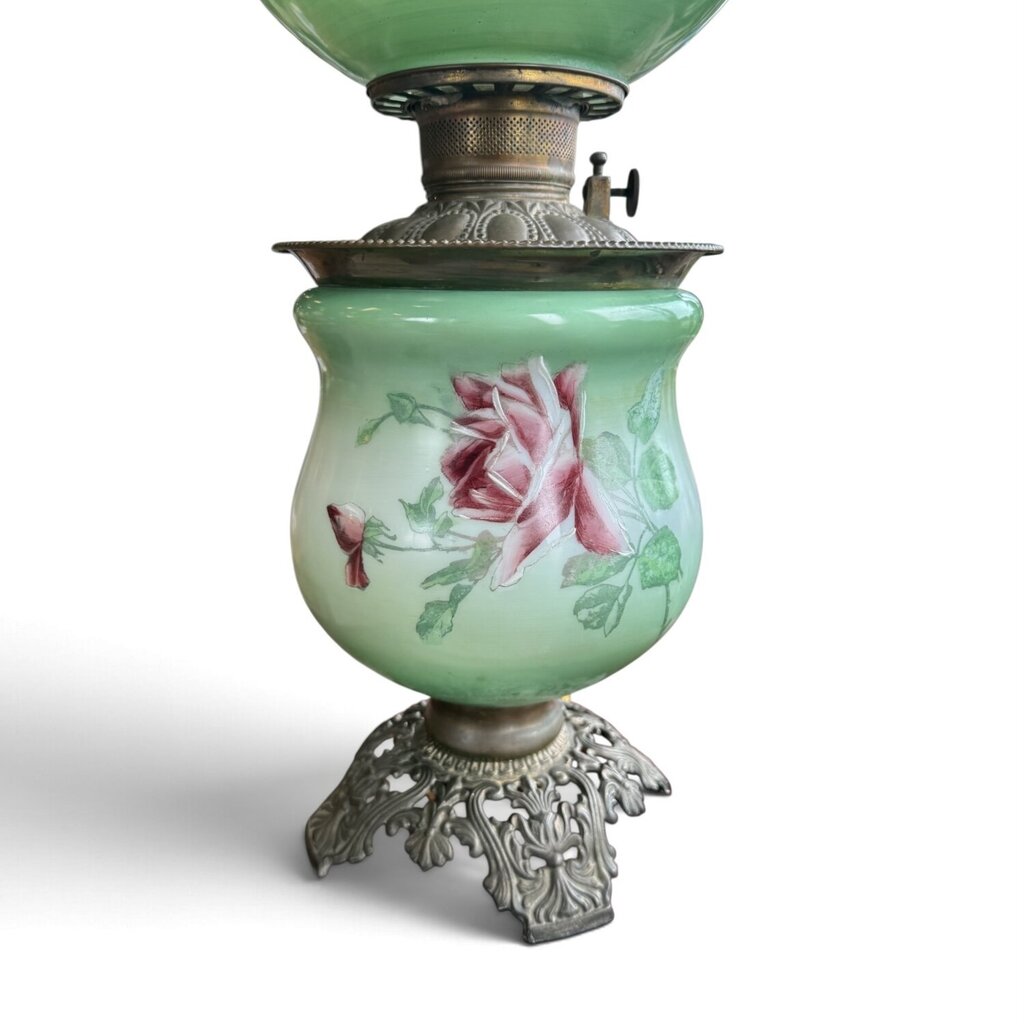Antique Hand Painted Rose Floral Green & Pink Globe Glass Parlor Lamp