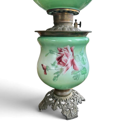 Antique Hand Painted Rose Floral Green & Pink Globe Glass Parlor Lamp
