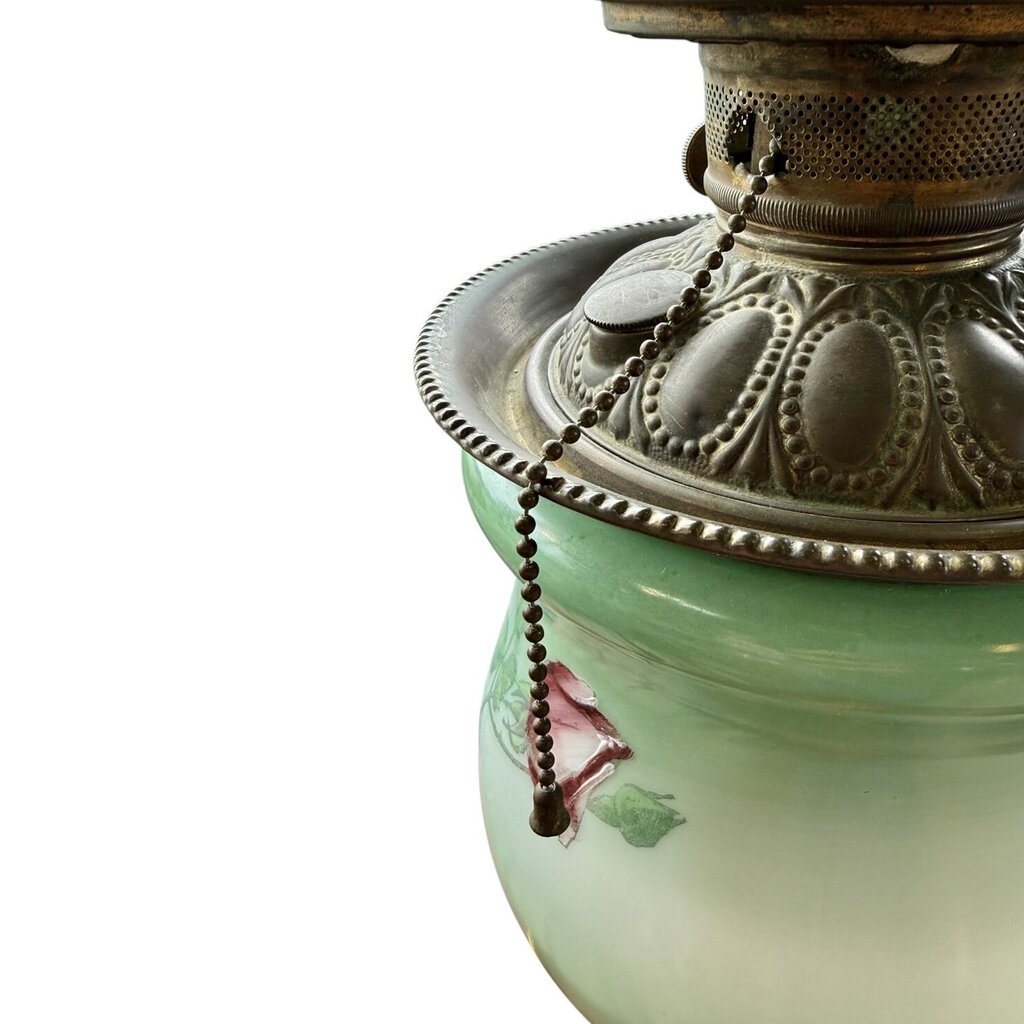 Antique Hand Painted Rose Floral Green & Pink Globe Glass Parlor Lamp