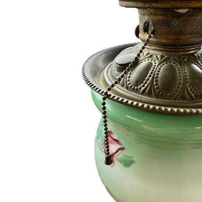 Antique Hand Painted Rose Floral Green & Pink Globe Glass Parlor Lamp