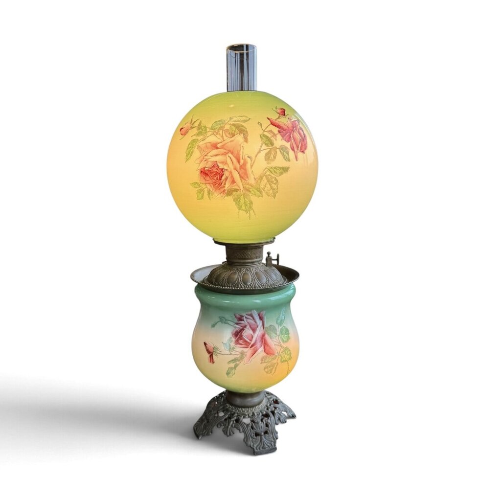 Antique Hand Painted Rose Floral Green & Pink Globe Glass Parlor Lamp