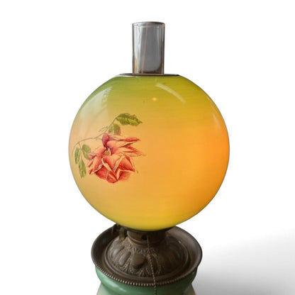 Antique Hand Painted Rose Floral Green & Pink Globe Glass Parlor Lamp