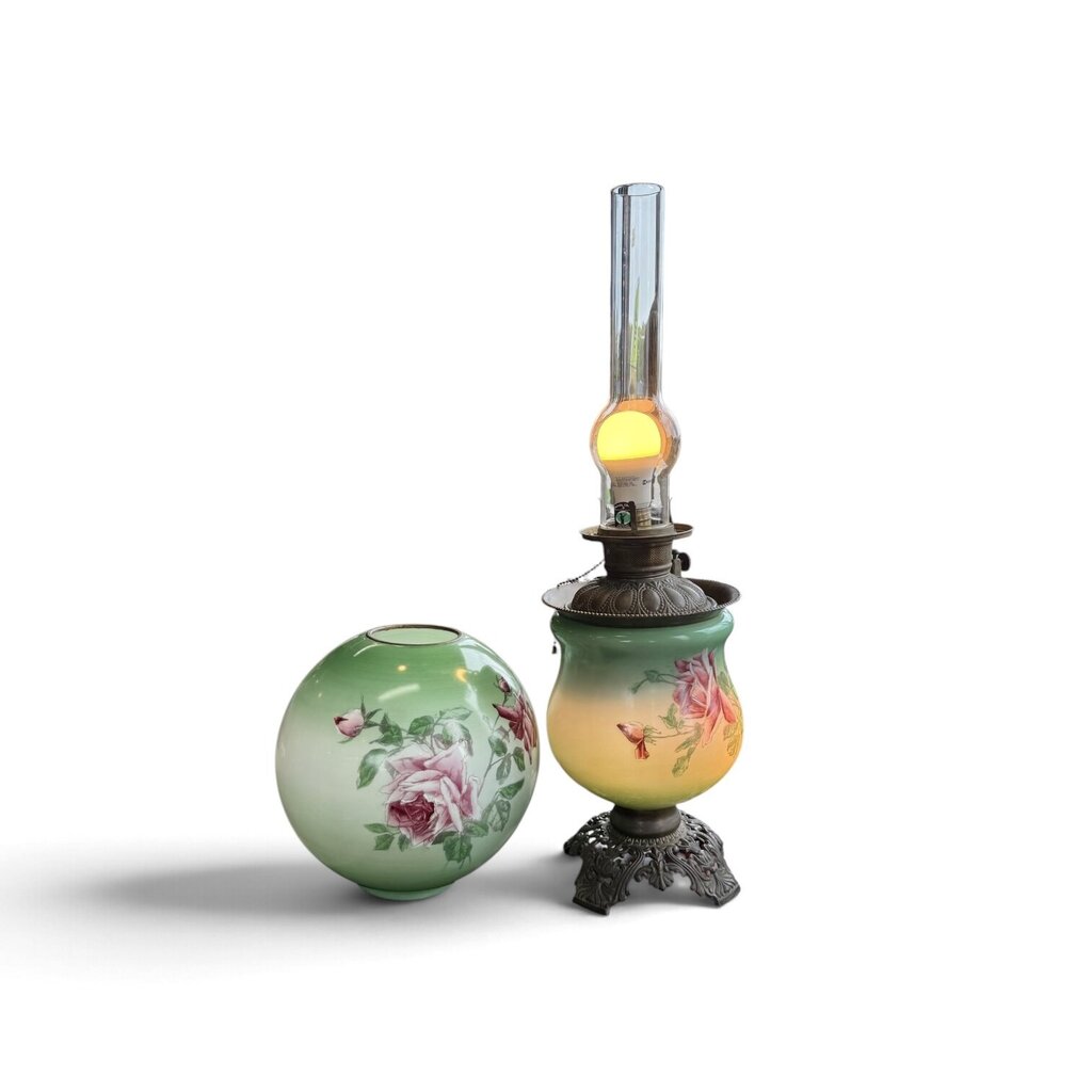 Antique Hand Painted Rose Floral Green & Pink Globe Glass Parlor Lamp