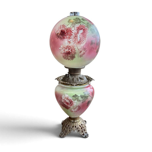 Antique Hand Painted Green & Pink Chrysanthemum Floral Globe Glass Parlor Lamp
