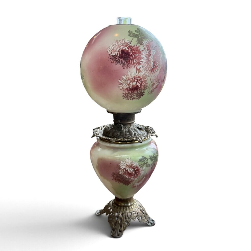 Antique Hand Painted Green & Pink Chrysanthemum Floral Globe Glass Parlor Lamp
