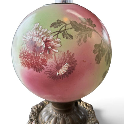 Antique Hand Painted Green & Pink Chrysanthemum Floral Globe Glass Parlor Lamp