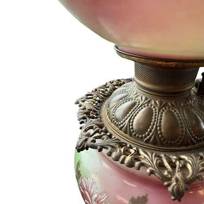 Antique Hand Painted Green & Pink Chrysanthemum Floral Globe Glass Parlor Lamp
