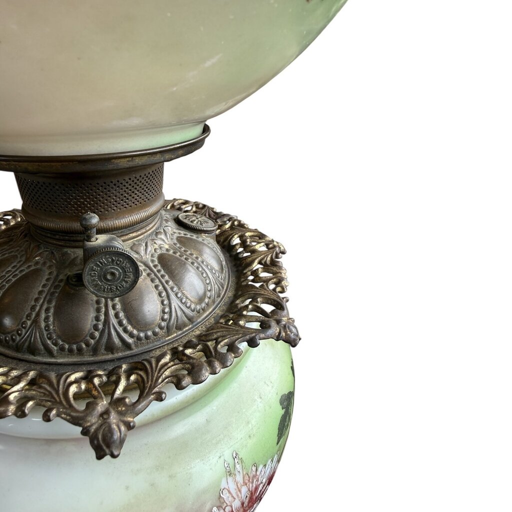 Antique Hand Painted Green & Pink Chrysanthemum Floral Globe Glass Parlor Lamp