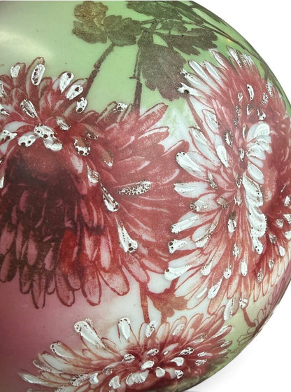 Antique Hand Painted Green & Pink Chrysanthemum Floral Globe Glass Parlor Lamp