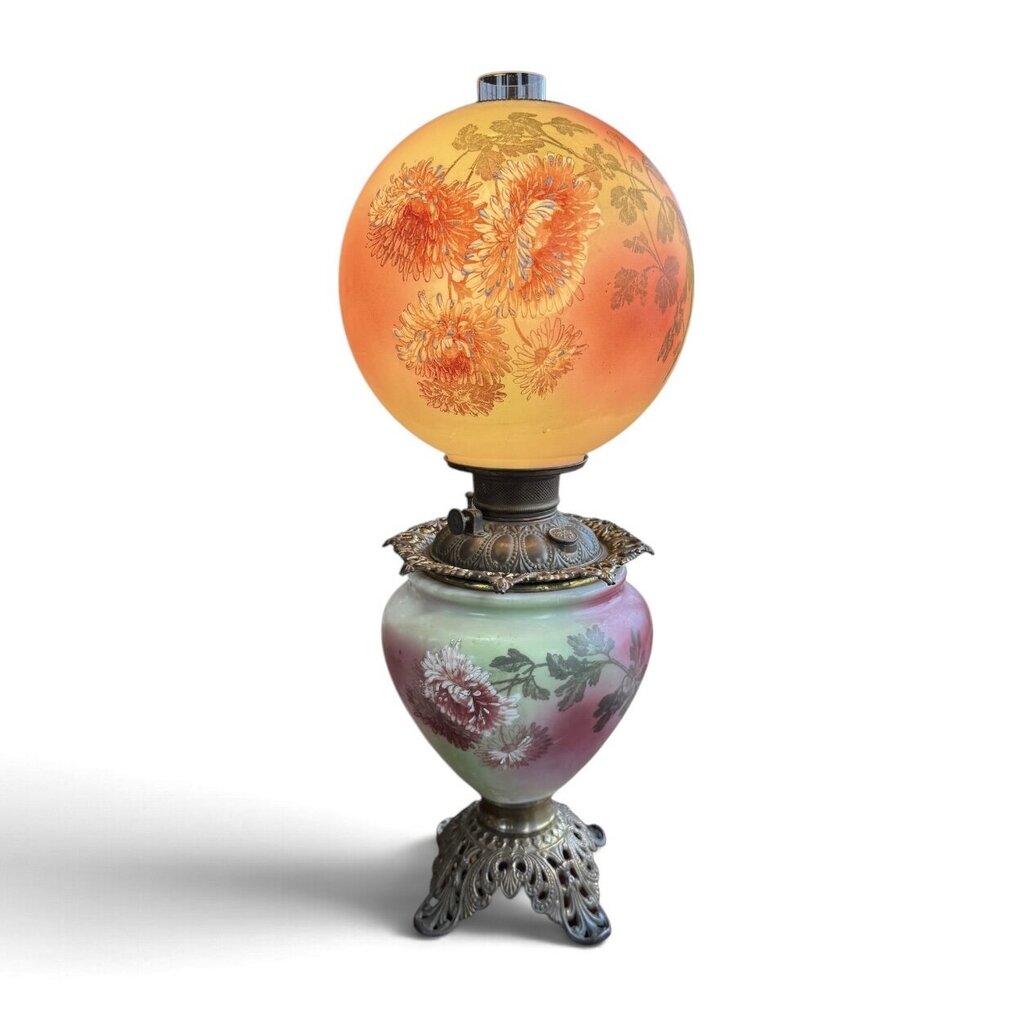 Antique Hand Painted Green & Pink Chrysanthemum Floral Globe Glass Parlor Lamp