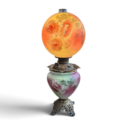 Antique Hand Painted Green & Pink Chrysanthemum Floral Globe Glass Parlor Lamp