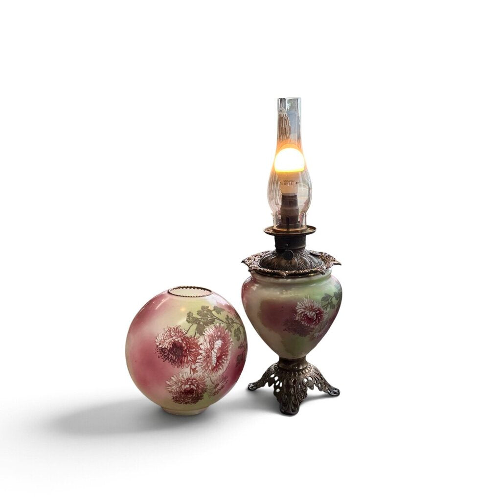 Antique Hand Painted Green & Pink Chrysanthemum Floral Globe Glass Parlor Lamp