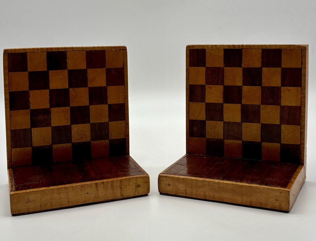 Vtg. Handmade Wooden Inlaid Book Ends /j