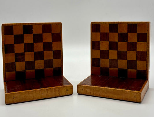 Vtg. Handmade Wooden Inlaid Book Ends /j