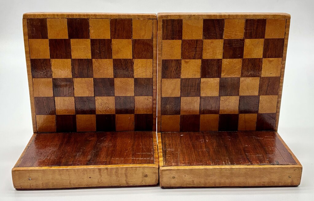 Vtg. Handmade Wooden Inlaid Book Ends /j