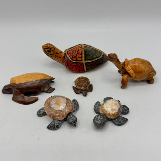 Vintage 6 Piece Hand Carved Turtle Figurine Collection Folk Art Decor Wood & Stone /cb