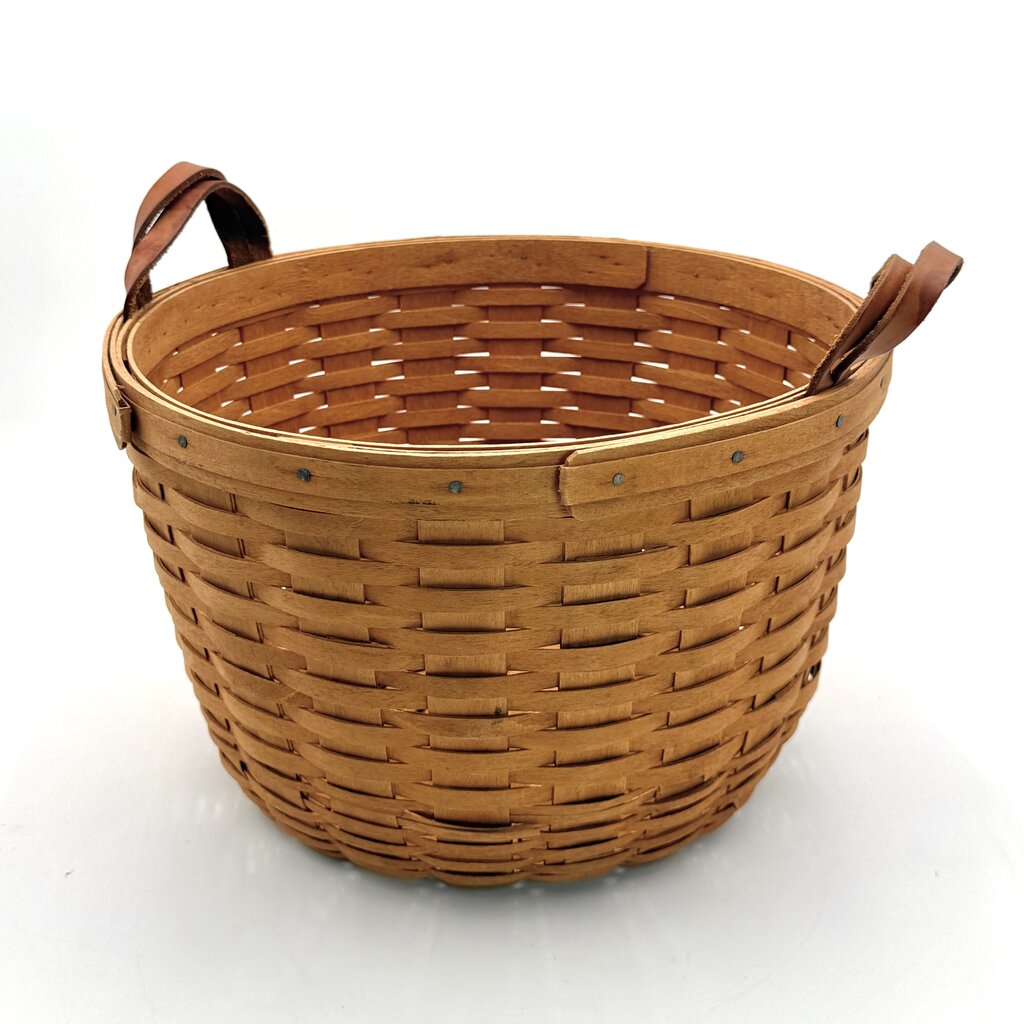 Longaberger 1992 Round Woven Maple Basket w/ Leather Handles & Clear Plastic Liner