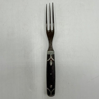 Antique Primitive 3 Tine Fork Wood Handle Pewter Inlay 7 3/4” 19th Century /cb