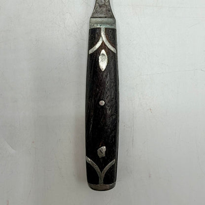 Antique Primitive 3 Tine Fork Wood Handle Pewter Inlay 7 3/4” 19th Century /cb