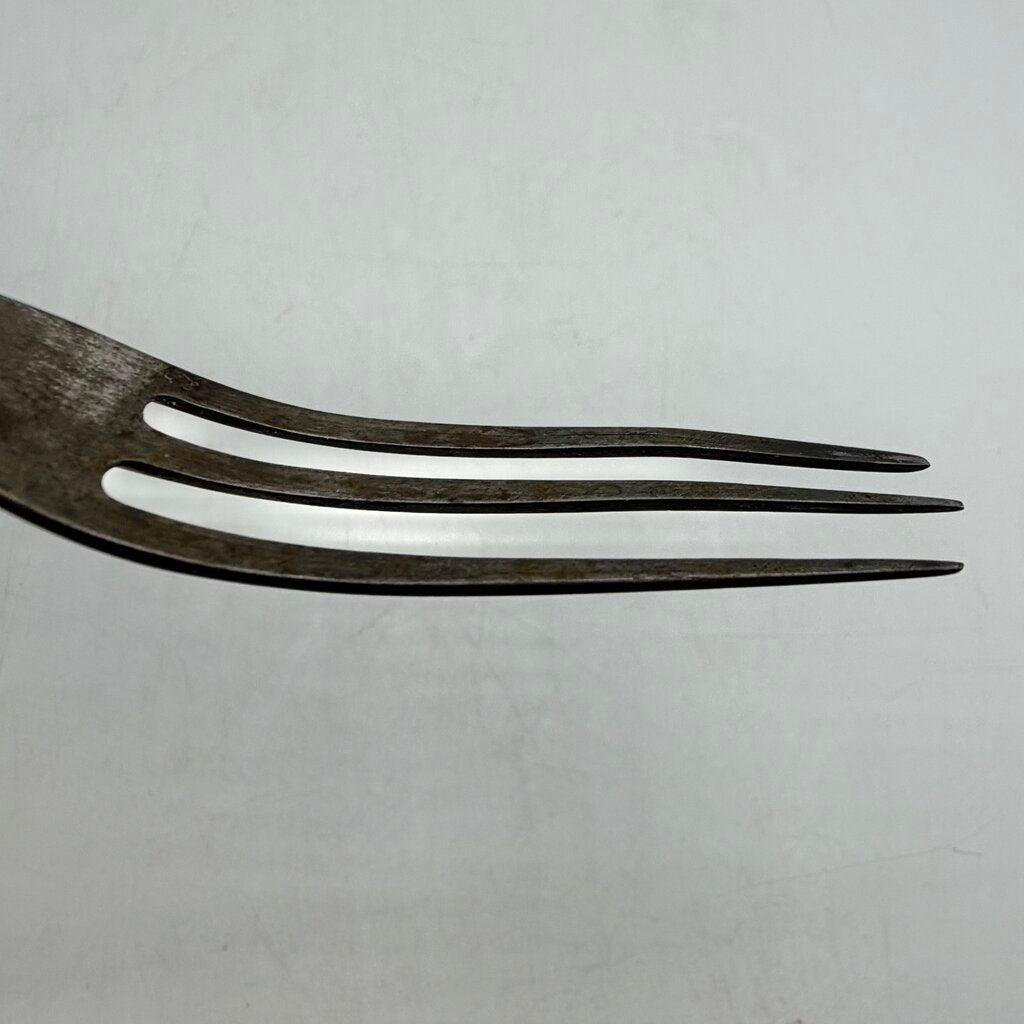 Antique Primitive 3 Tine Fork Wood Handle Pewter Inlay 7 3/4” 19th Century /cb