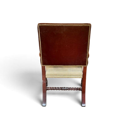 Carved Wood Armchair with Velvet and Plaid Upholstery