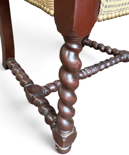 Carved Wood Armchair with Velvet and Plaid Upholstery