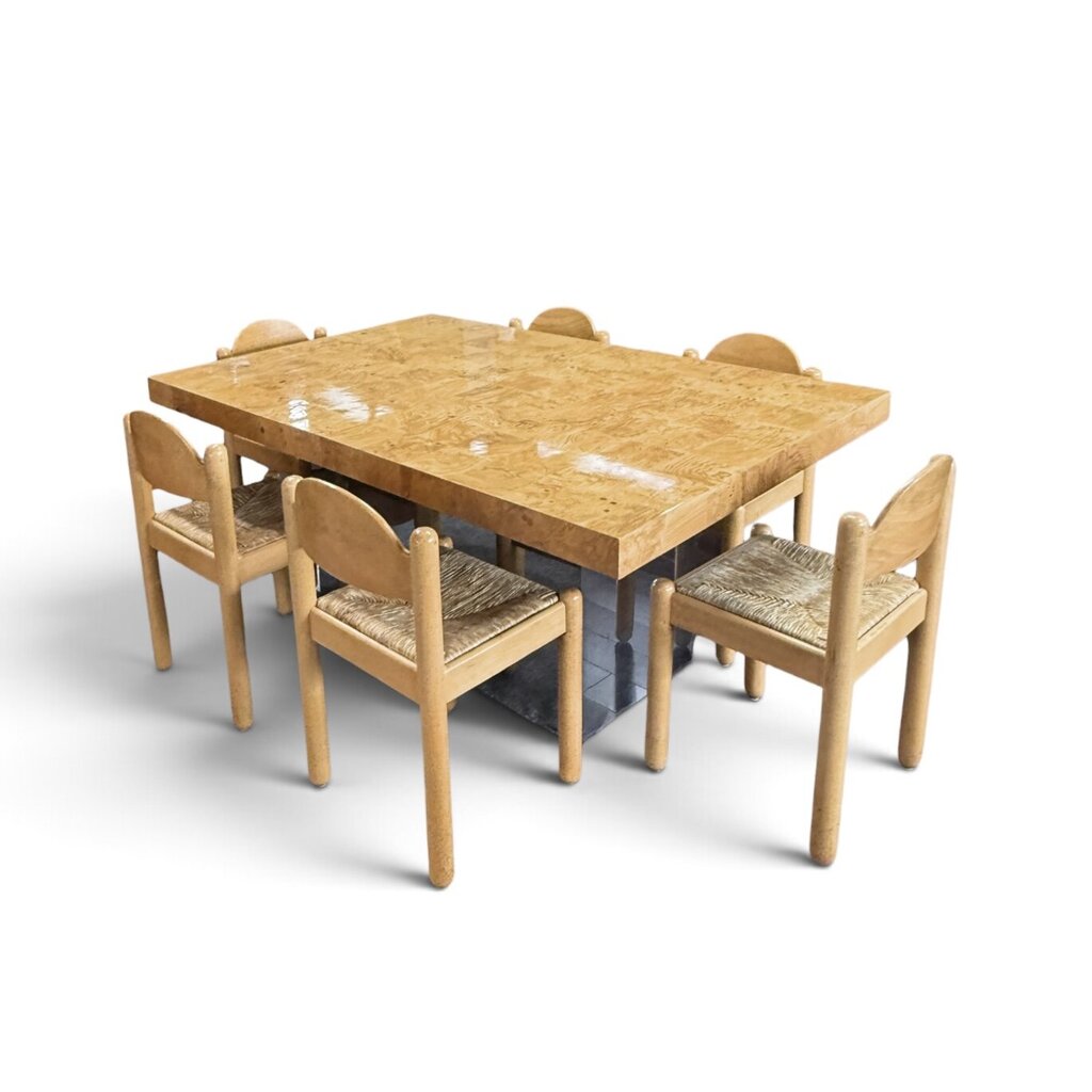 Modernist Checkered Burl Dining Table with 6 Chairs and 2 Leaves