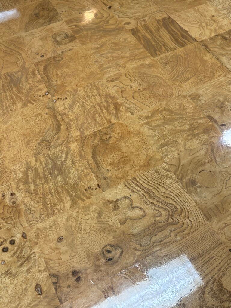 Modernist Checkered Burl Dining Table with 6 Chairs and 2 Leaves