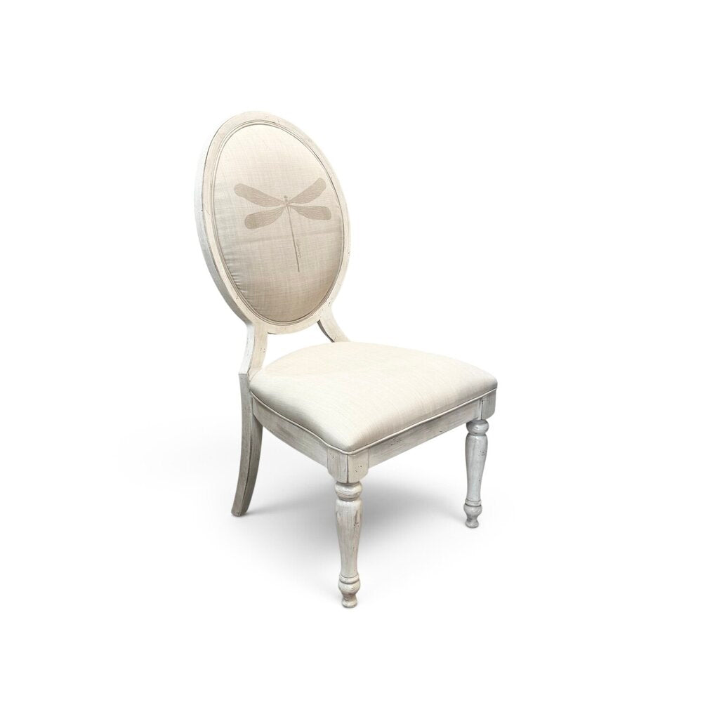 Dragonfly Upholstered Whitewashed Round Dinning Table with 6 Chairs and 2 Leaves